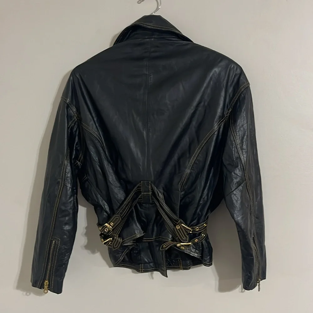 Studio sienna Vintage Black Leather Motorcycle Jacket Gold Detail Women's - Picture 7 of 8